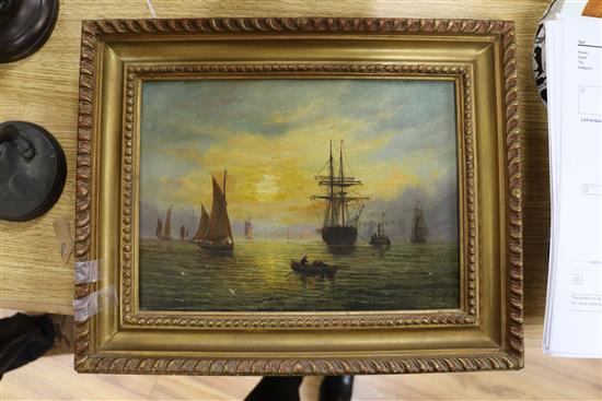 Adolphus Knell, oil on canvas, Ships anchored at harbour at sunset, 22 x 30cm
